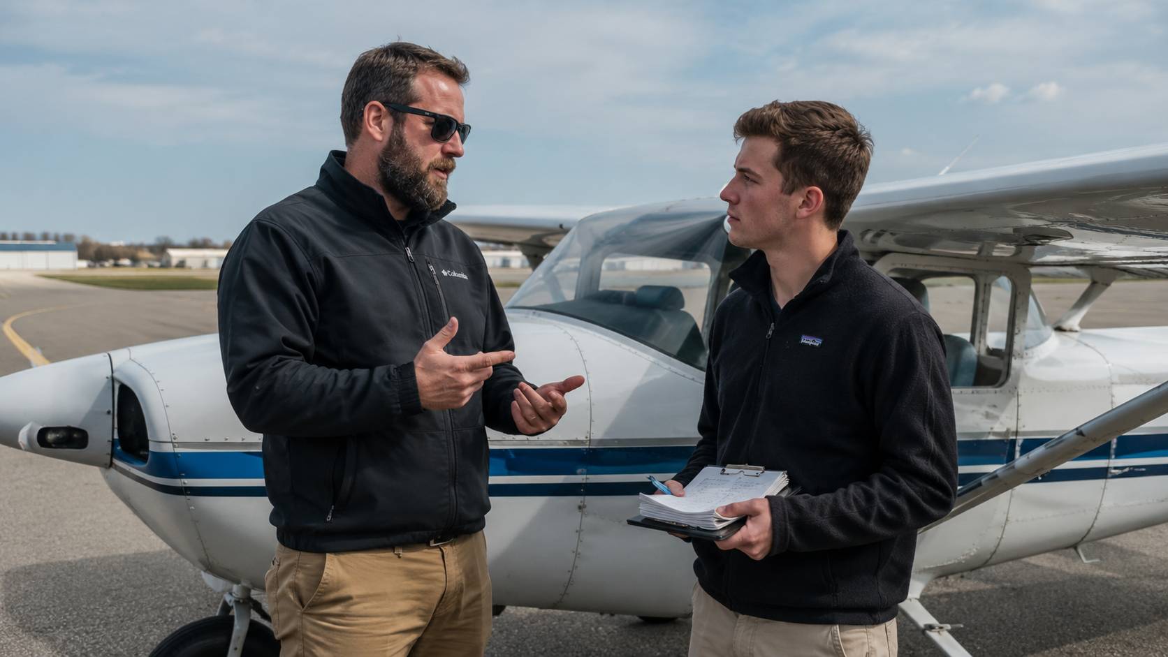 Flight instructor and student standing beside a training aircraft during a lesson briefing, representing the real day-to-day responsibility of becoming a CFI.