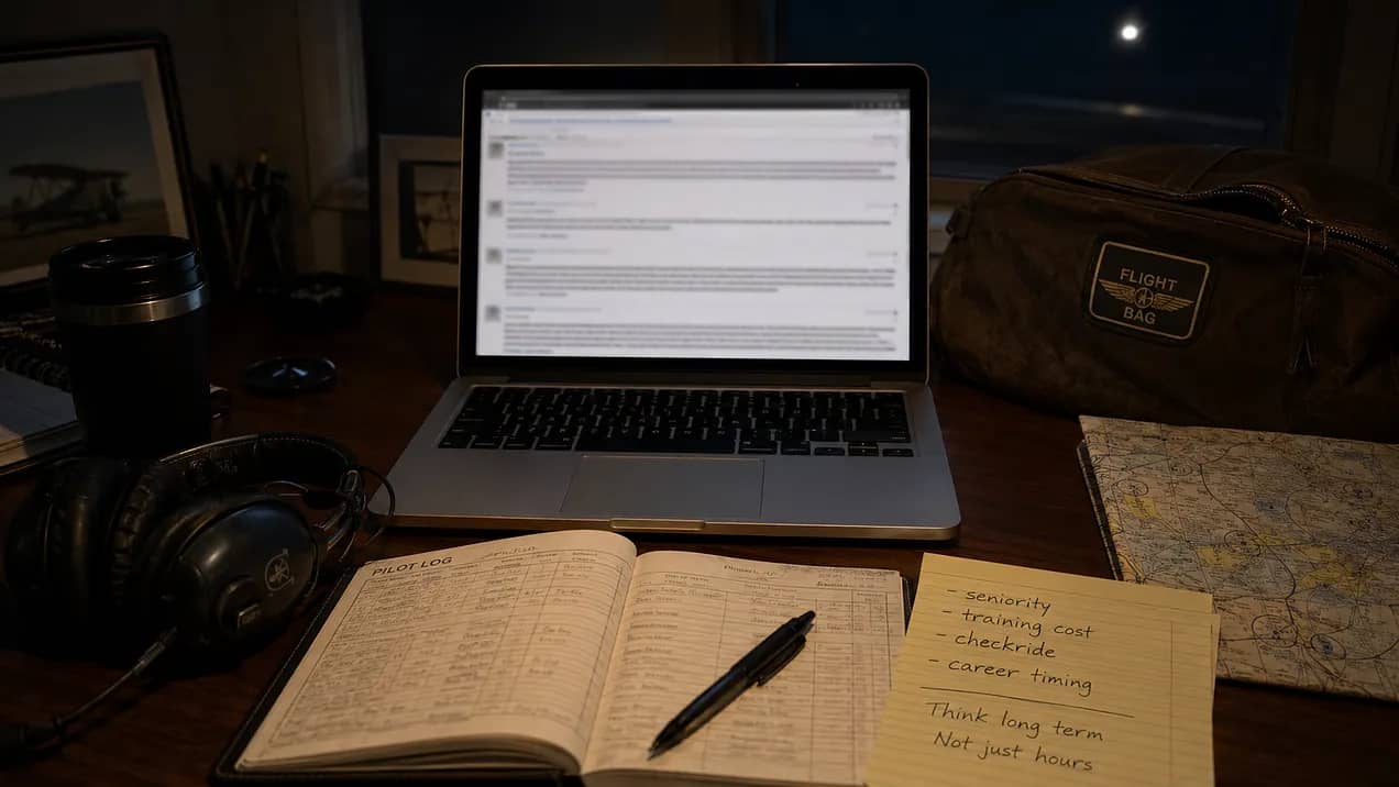 Pilot logbook, laptop displaying an aviation discussion, flight bag and handwritten notes about seniority, training cost, checkrides and career timing.