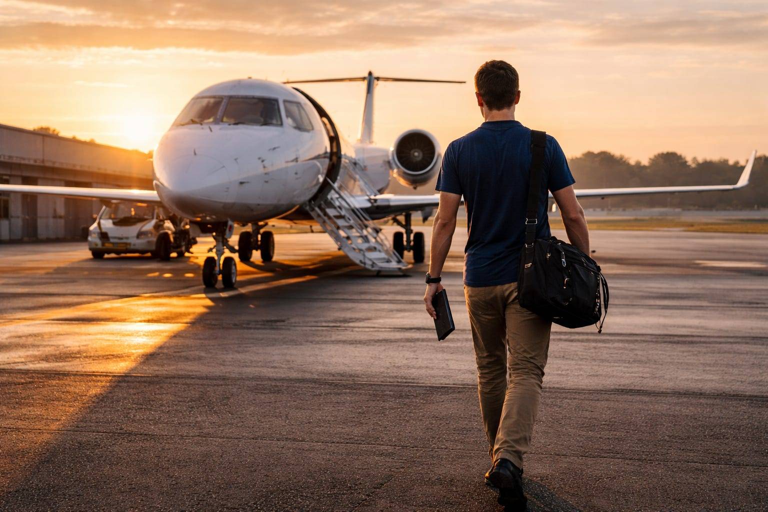Pilot walking across an airport ramp toward a regional jet at sunset, representing the uncertainty and possible recovery of an aviation career after a DUI.