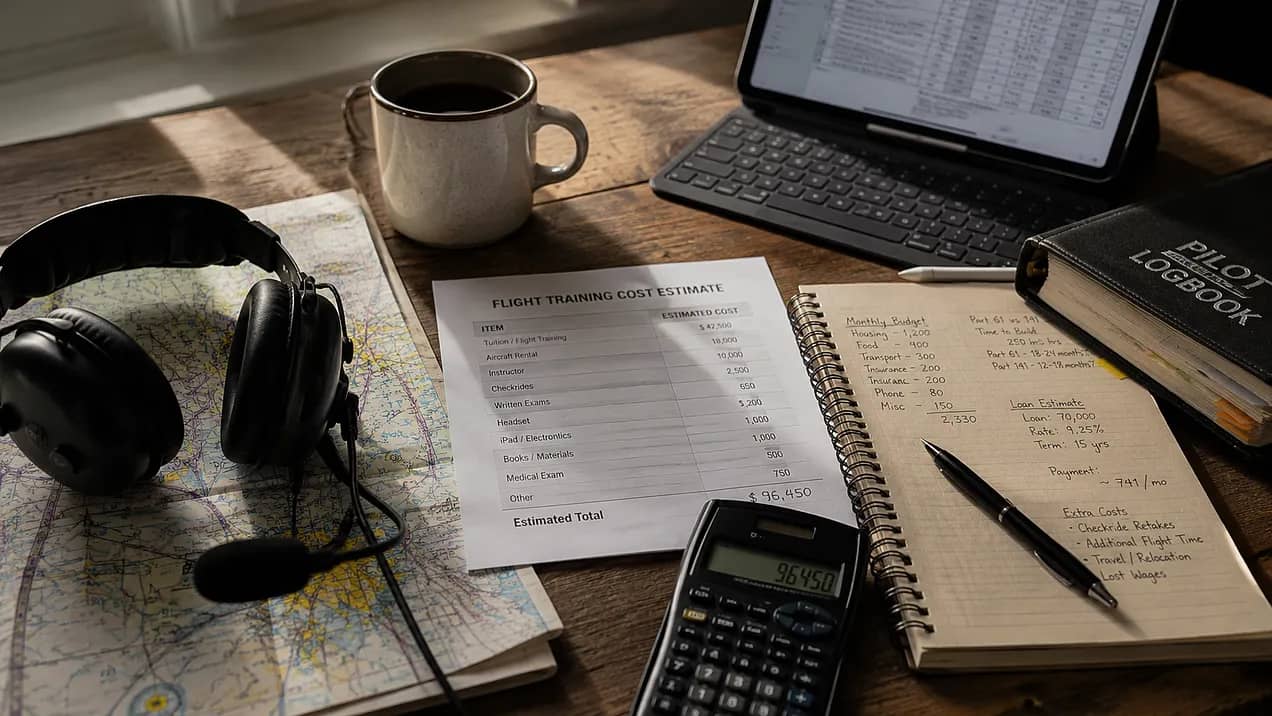 Flight-training cost estimate, calculator, headset, pilot logbook, sectional chart, and handwritten budget arranged on a wooden desk.