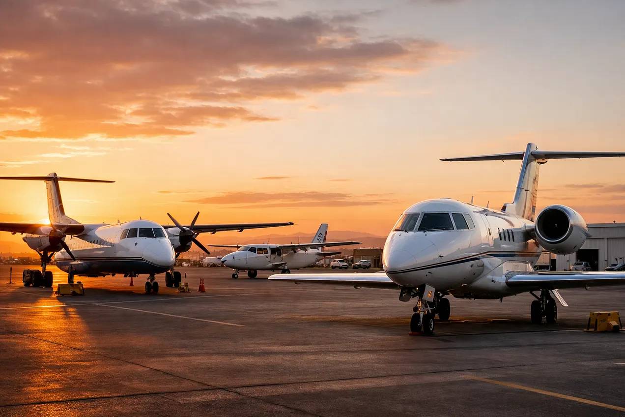 Business jets, turboprops, and utility aircraft parked together on an airport ramp at sunset, representing professional flying careers beyond the airlines.