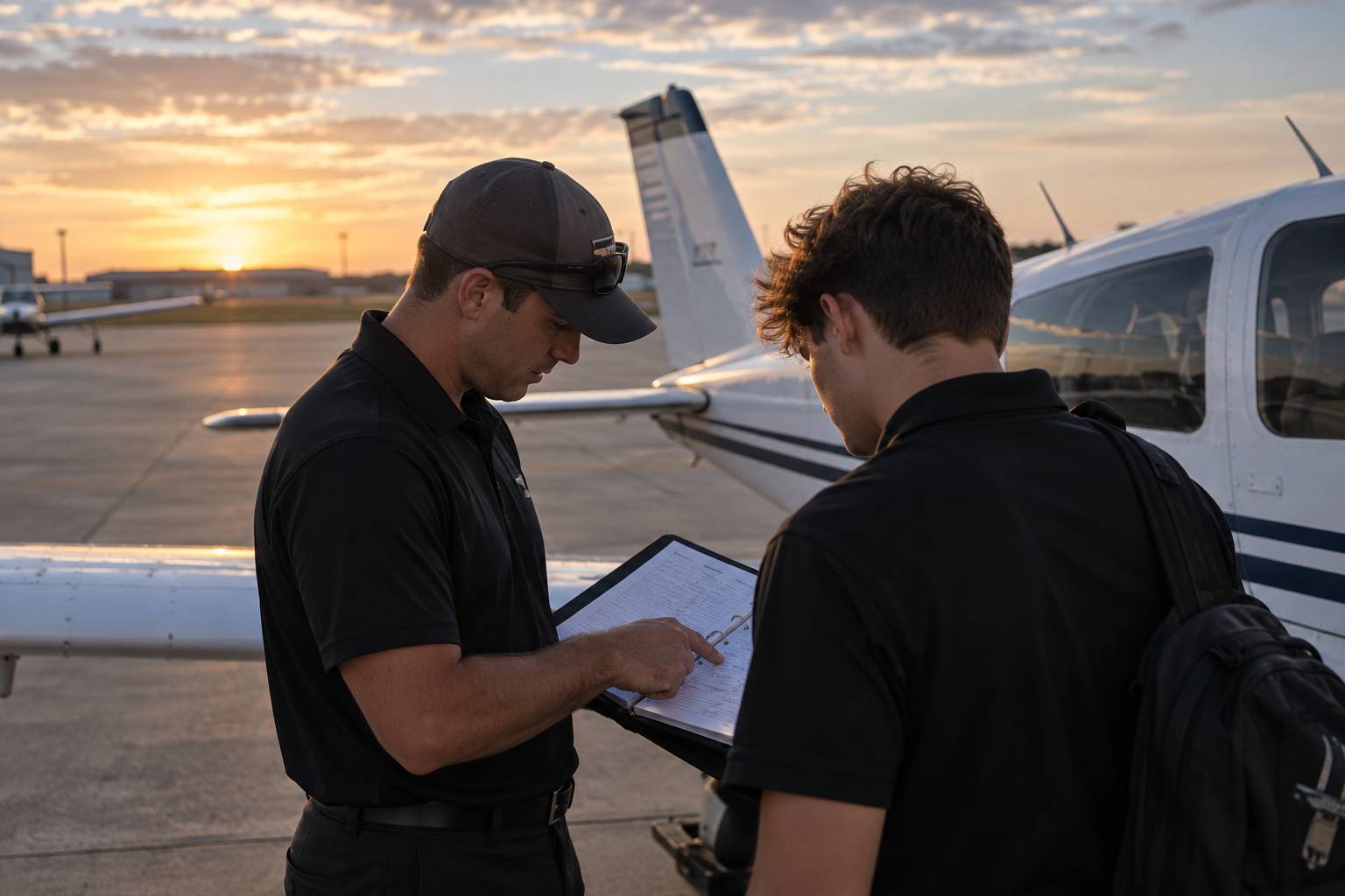 Student pilot and flight instructor reviewing checkride paperwork beside a training aircraft on a general-aviation ramp.