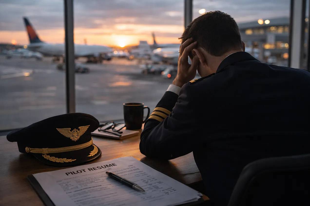 A stressed pilot in uniform sits at an airport window beside a pilot resume, coffee mug, and cap while aircraft sit on the ramp at sunset.
