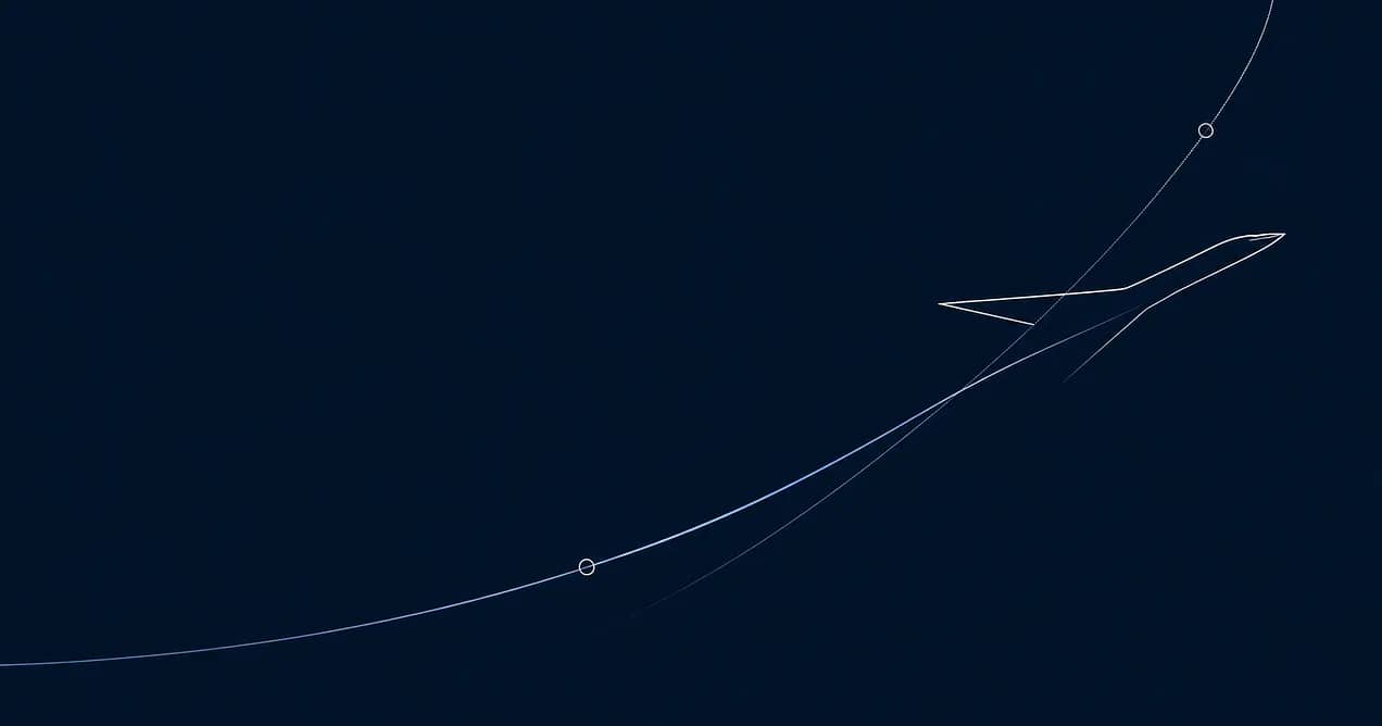 Minimal line-art airplane following an upward flight path on a dark navy background, representing an aviation career roadmap.