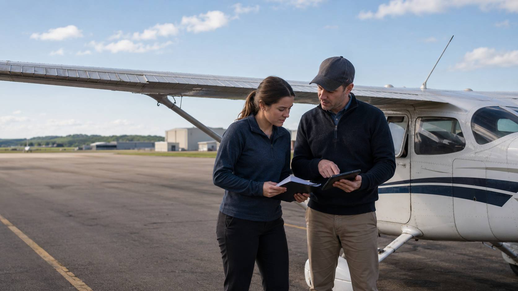 Student pilot and flight instructor reviewing training paperwork beside a Cessna 172 on an airport ramp.