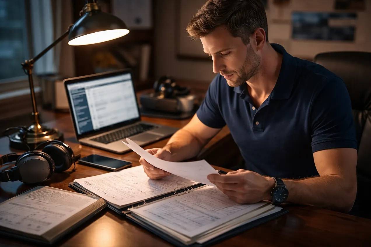 Pilot reviews employment paperwork at a desk beside a laptop and aviation headset while researching professional flying jobs.