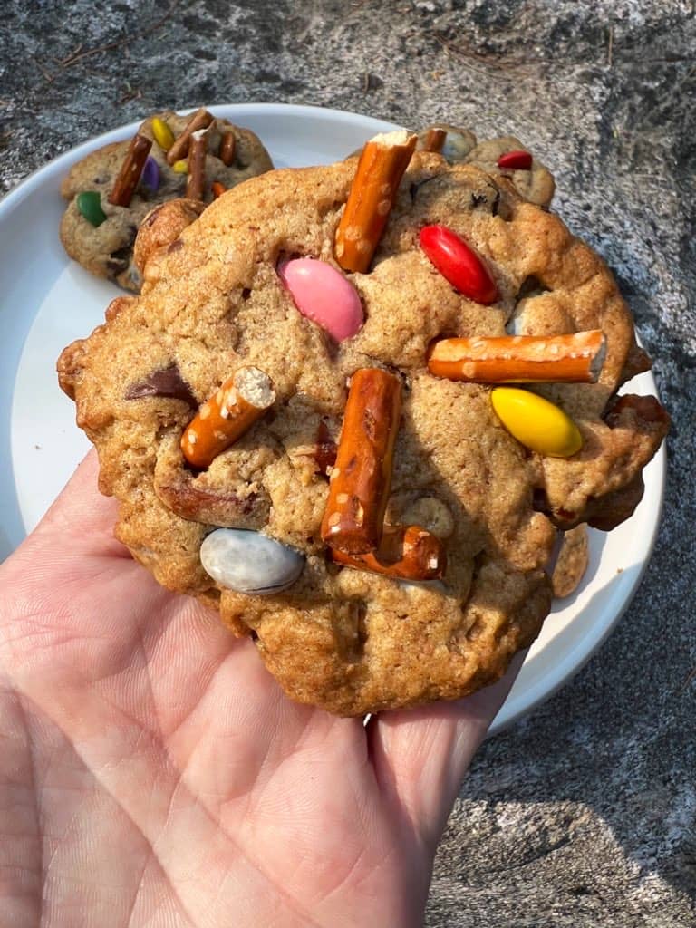 Close up of a sourdough monster cookie