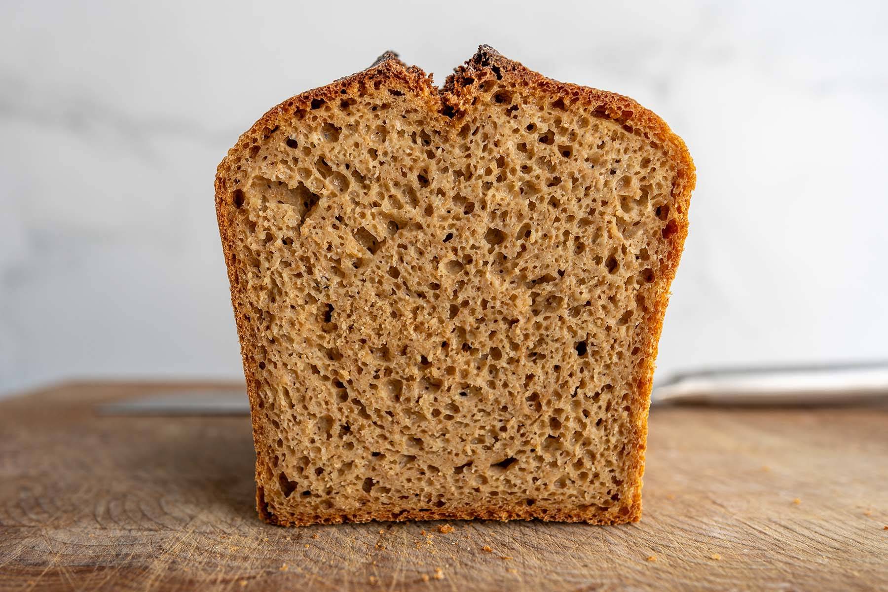 Crumb shot of einkorn sourdough bread