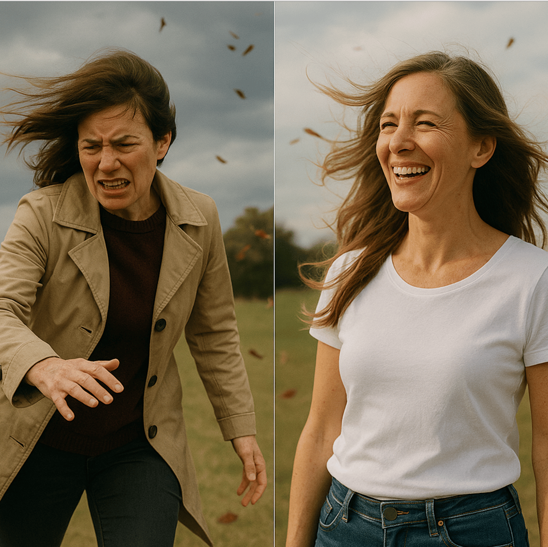 two women in the wind. One is resisting. The other is confident and smiling. 