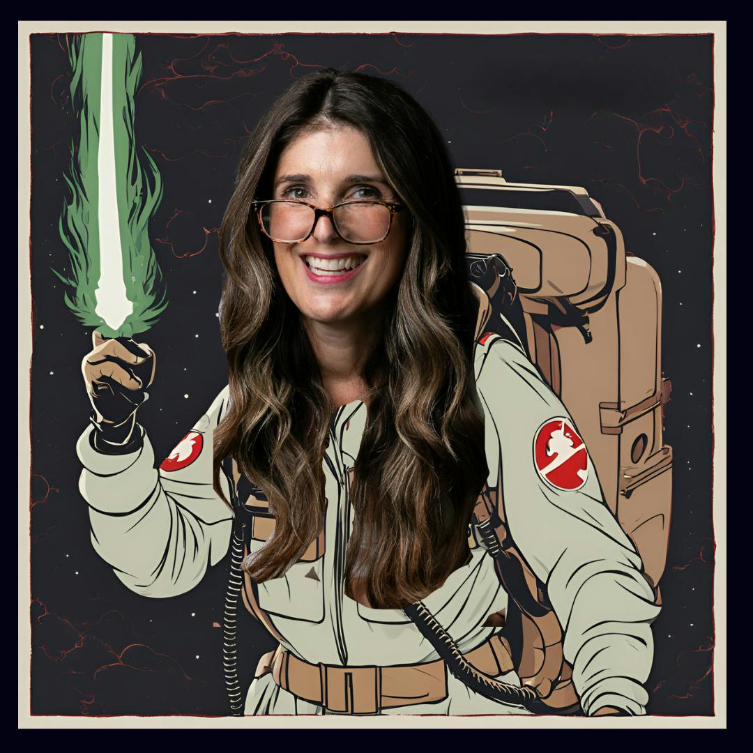 woman dressed as ghost buster