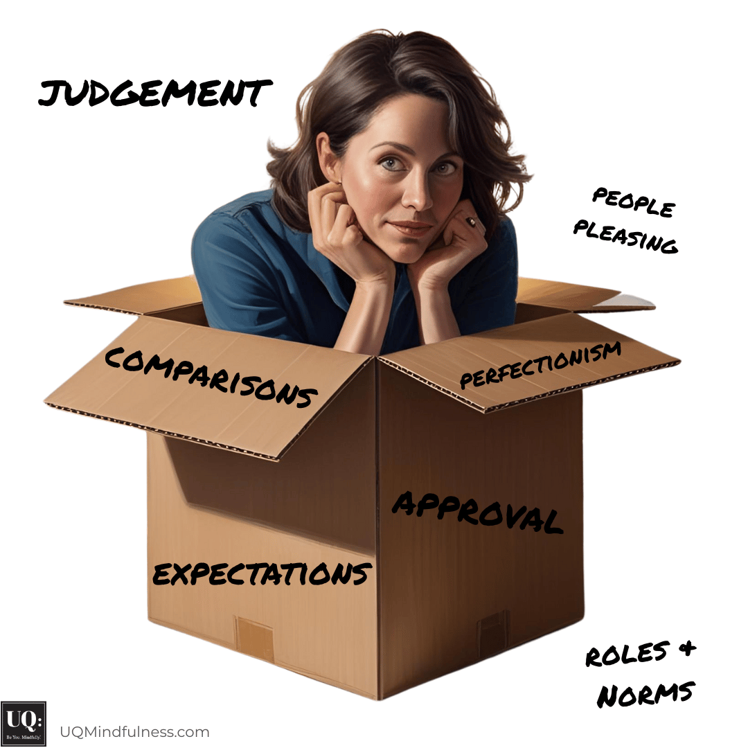 woman in a box with words around her: judgement, people pleasing, comparison, perfectionism, expectations, approval, roles 