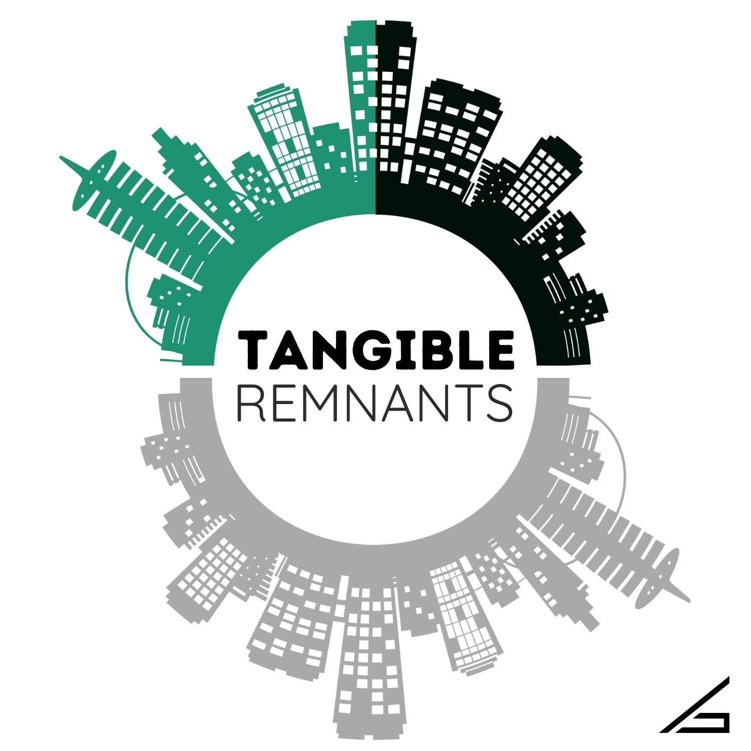 Circular logo with stylized cityscapes in black and green forming a ring around the words "Tangible Remnants" in the center. The bottom half of the circle shows the buildings in grey. A small, abstract triangle logo is at the bottom right corner.