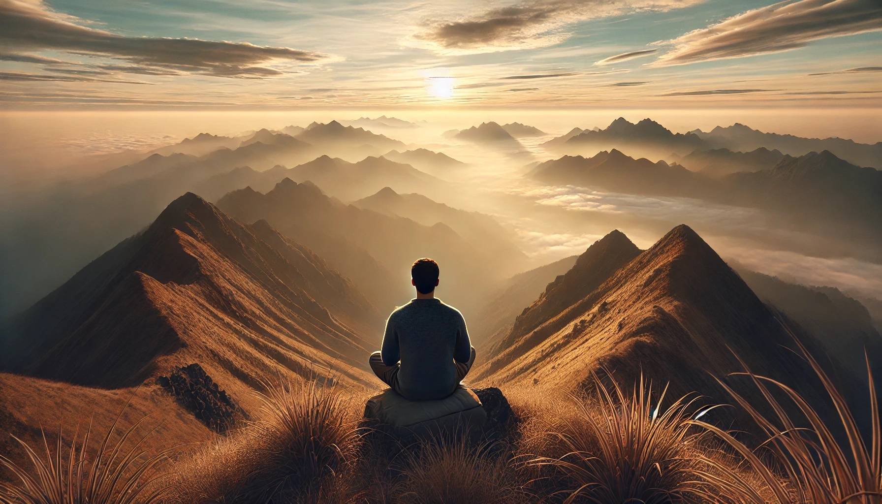 Man sitting at the top of a mountain at sunset