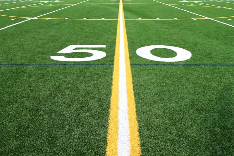 a football field with the number fifty on it
