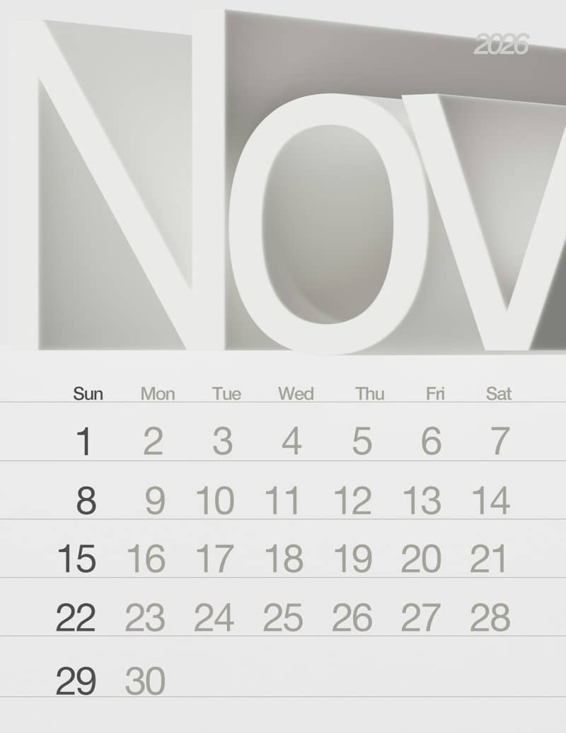 November 2026 calendar with large 3D letters