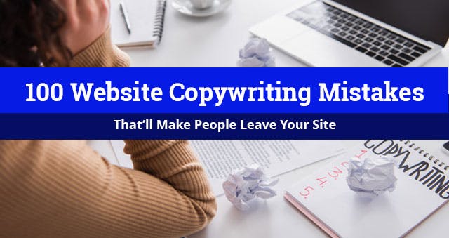 100 Website Copywriting Mistakes That'll Make People Leave Your Site - Image of frustrated person at computer trying to write copy