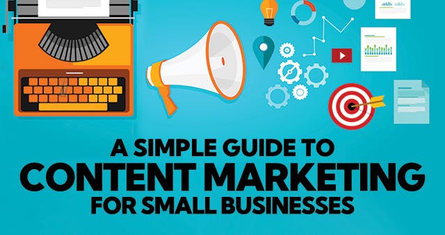 Illustration of typewriter, megaphone, and other content marketing icons with text "A Simple Guide to Content Marketing for Small Businesses"