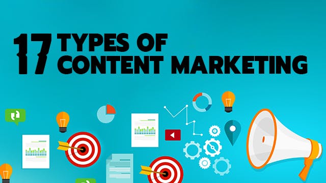 Illustrated banner with random elements and the text "17 Types of Content Marketing"