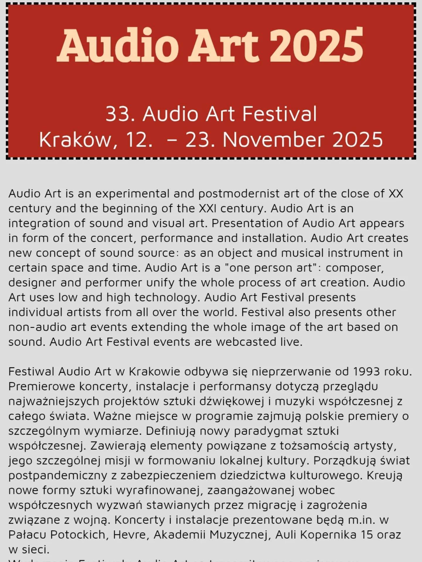 We are  excited to share that our collaborative live electronic composition SAN III: Beyond Horizon, composed by myself, Dr. Siti Hajar Seperah, Dr. Yeoh Pei Ann, Prof. Hasnizam, and Fendi, will be performed tonight in Kraków, Poland for the Audio Art Festival 2025! 
Festival link: https://audio.art.pl/2025/

We will also perform a live version of this piece again at SPECTRA 2025 – Sonic Garden on 22 November, 8.30pm at KLPac Pentas 2. Hope to see some of you there to support!

#experimentalmusic #MEMlab