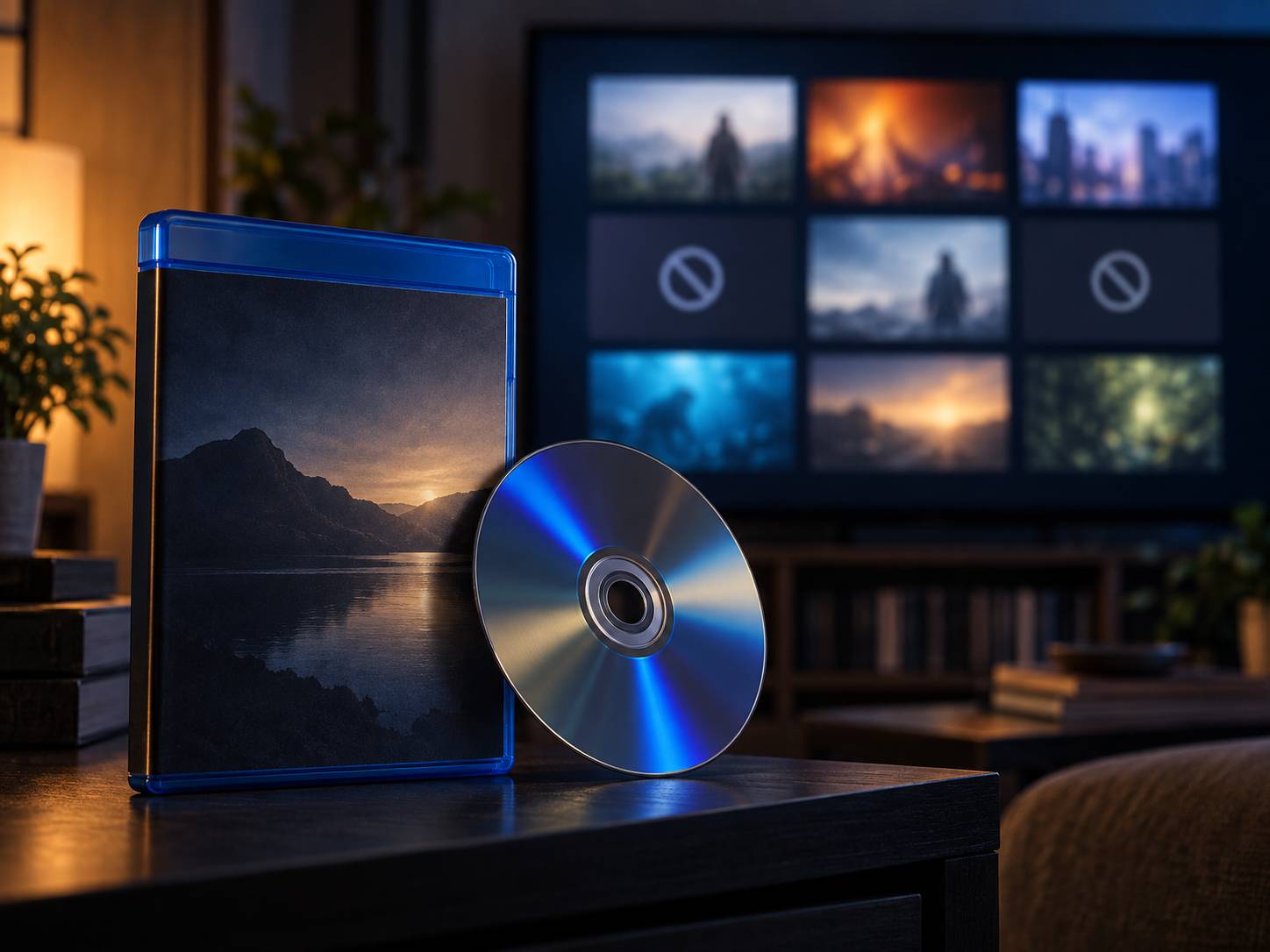 A Blu-ray case and disc in front of a streaming screen with unavailable titles.