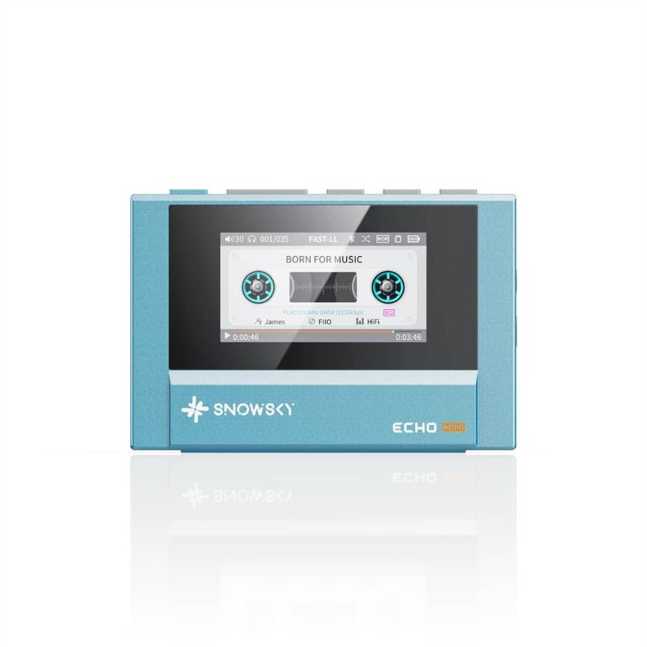 Front view of the cyan SNOWSKY Echo Mini, showing its cassette-style screen and physical controls.
