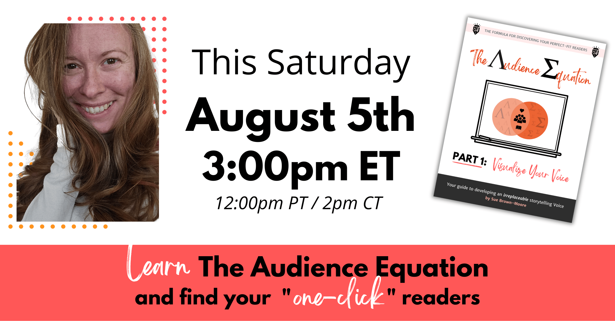 Promo image for Sue's upcoming talk, The Audience Equation, at Daniel David Wallace's Find Your Readers summit