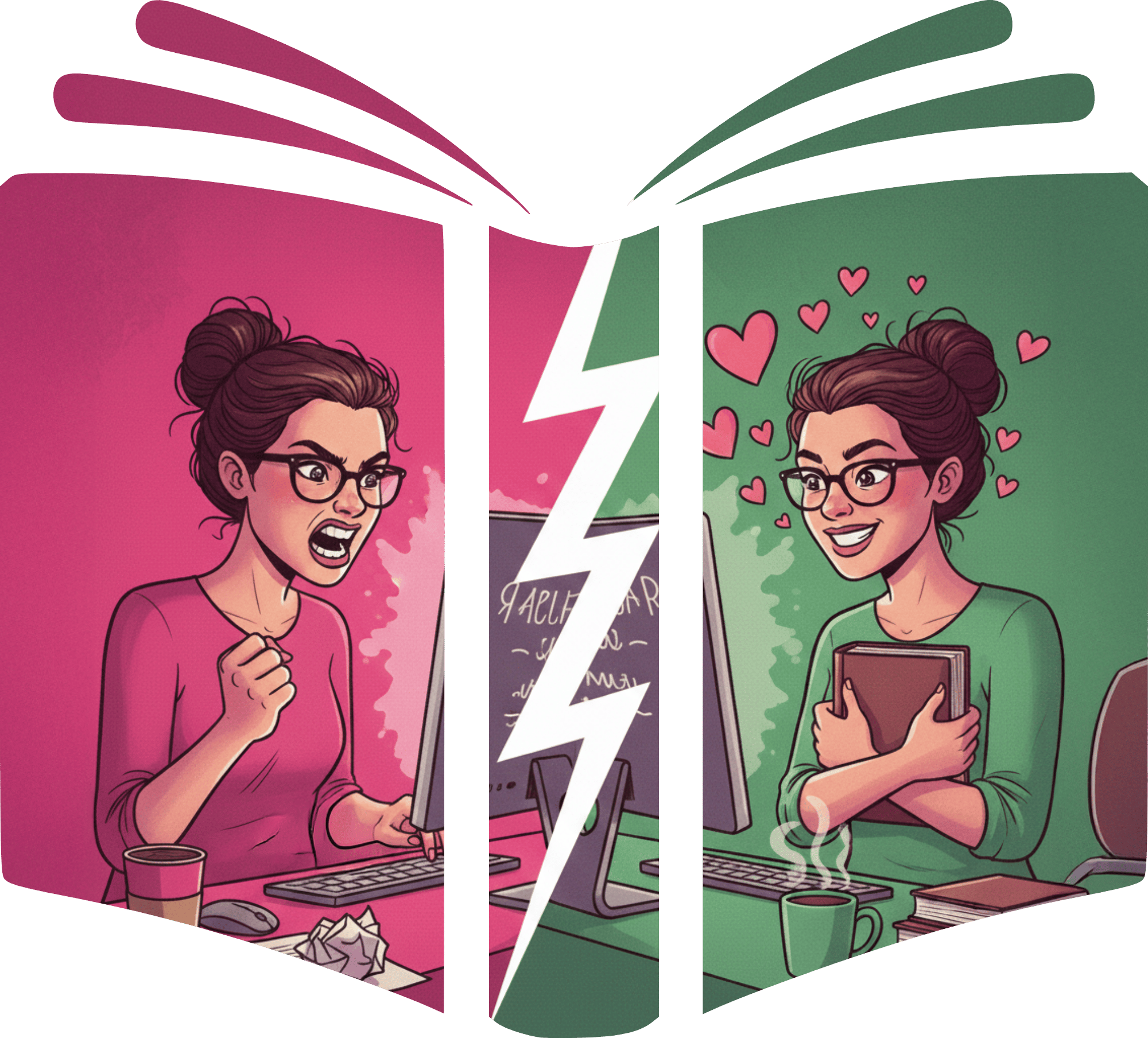 E2E logo of a frustrated woman and a delighted woman in a book