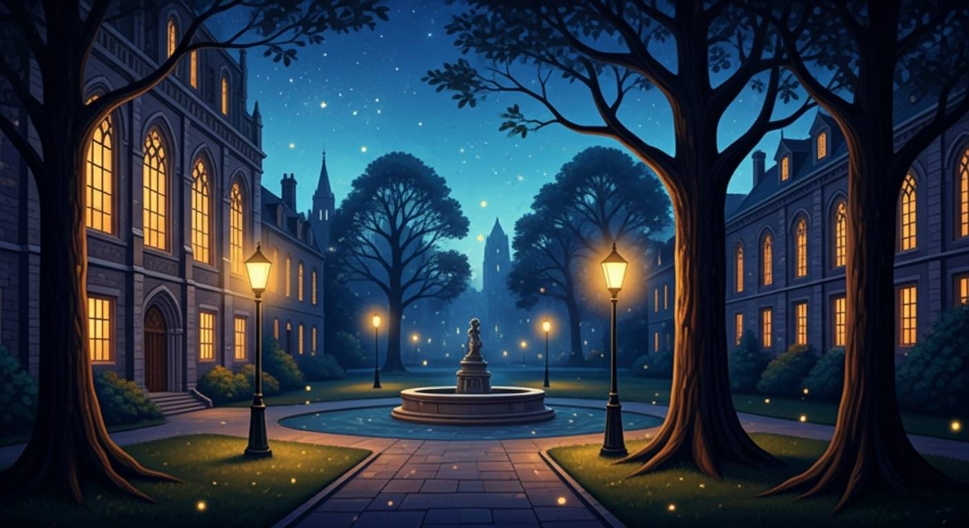 A courtyard at night, lit by ambient sparkles and featuring a fountain