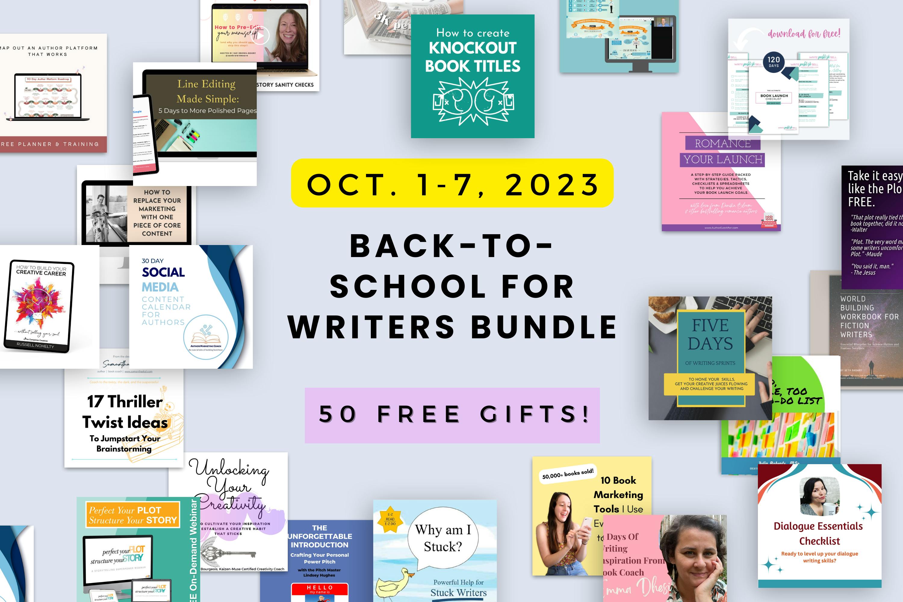 A preview of the goodies you can get for free inside the Back To School for Writers bundle