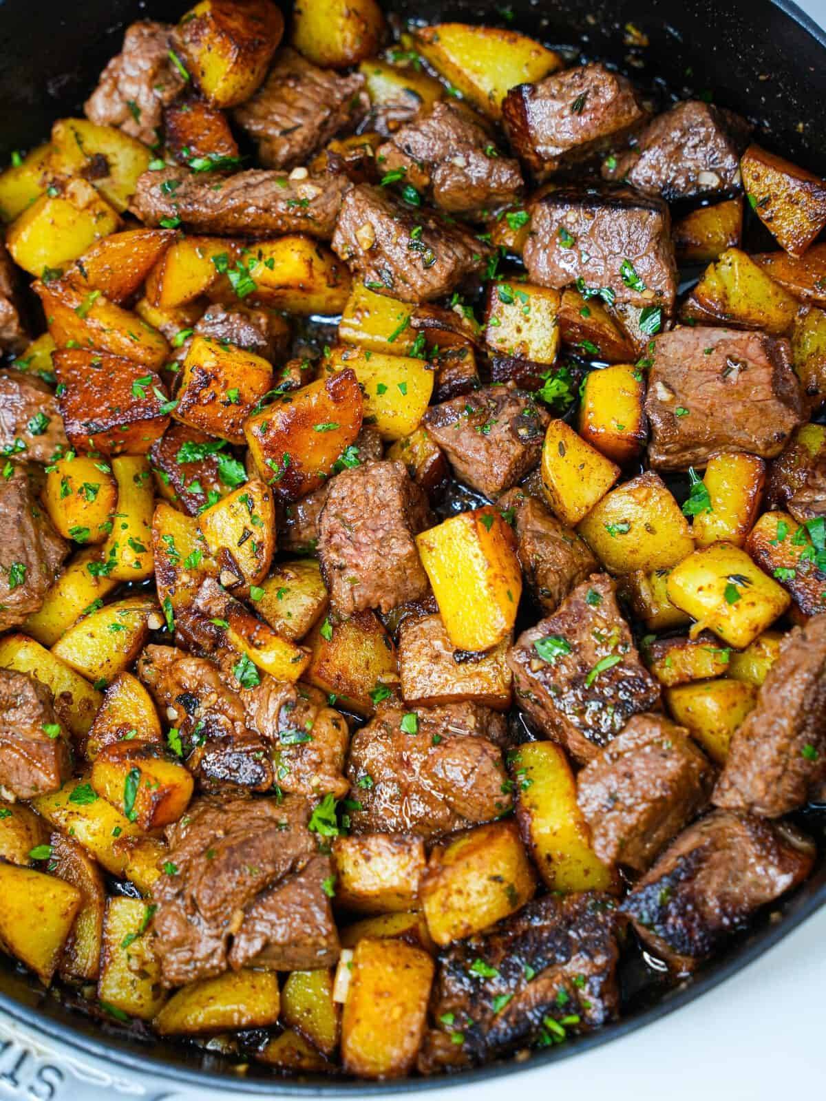 Garlic Butter Steak and Potatoes in a skillet