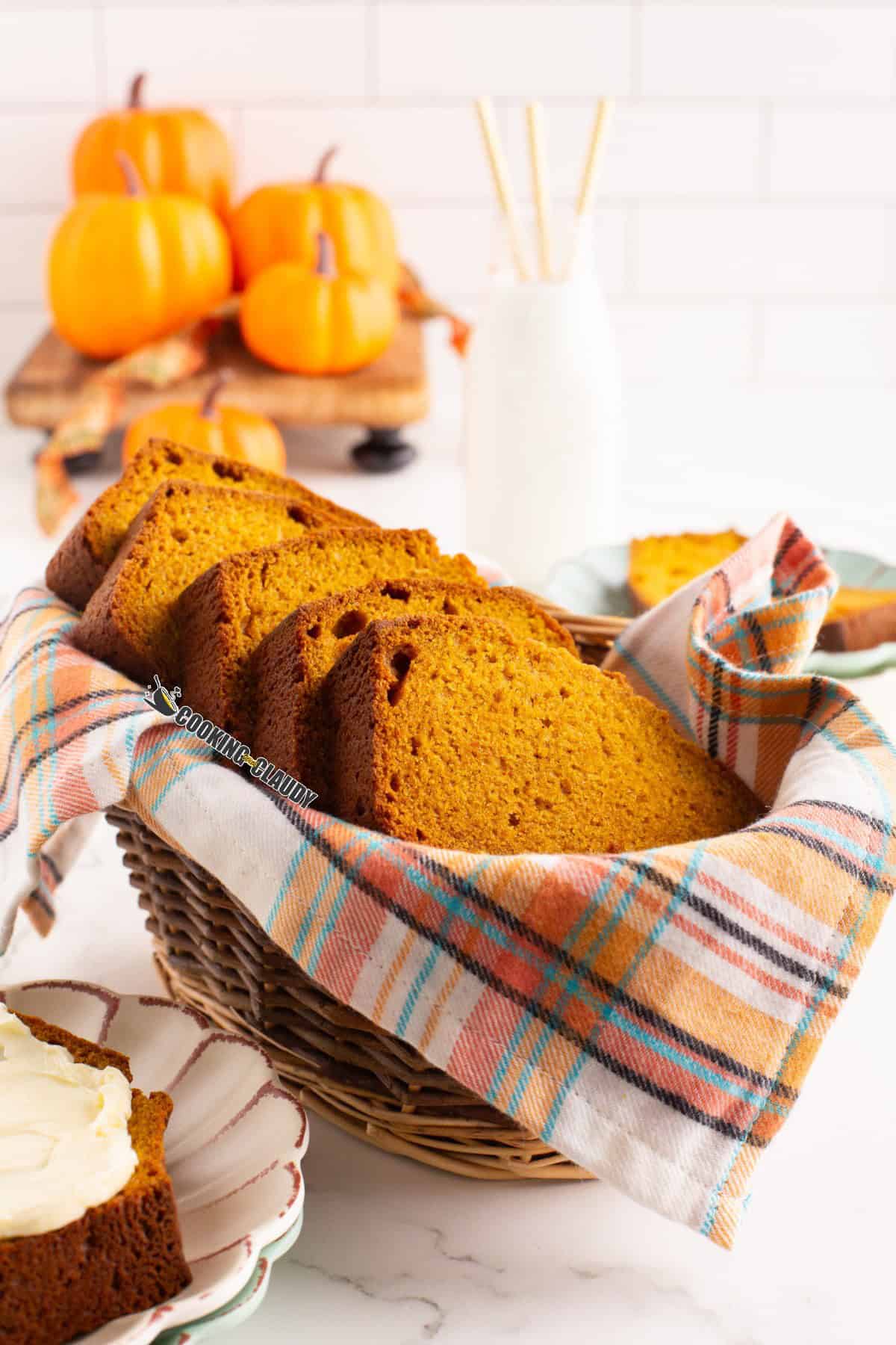 pumpkin bread in a serving basket