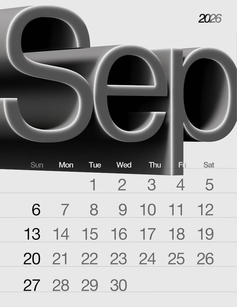 September 2026 calendar with 3D text