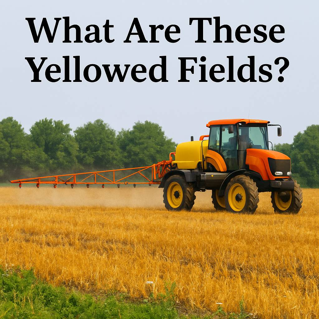 A seemingly scorched farm field glows in orange and yellow hues—drawing attention to a growing debate over herbicide use, pollinator decline, and water safety in rural communities.