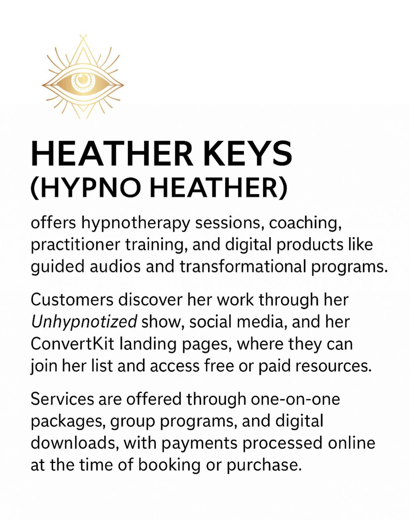 ✨ About My Work ✨
I’m Heather Keys, aka Hypno Heather, and I guide people through powerful transitions with hypnotherapy, coaching, practitioner training, and transformational tools.

You’ll find my work through my Unhypnotized show, Kit landing pages, and on X, where I share the same truths I live by: sovereignty, soul alignment, and the path of deep healing.

From 1:1 sessions and group programs to digital audios and practitioner mentorship, my work is about soul work, not surface work. 💫

🔗 Learn more at www.hypnoheather.com

#Sovereignty #SoulWork #Hypnotherapy