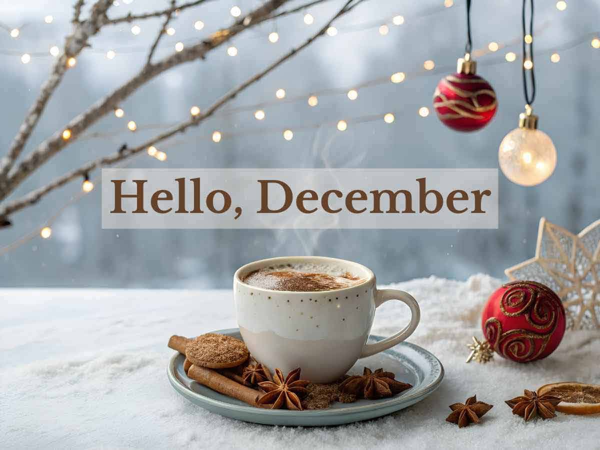 A cup of hot chocolate and a holiday ornament in front of a window.