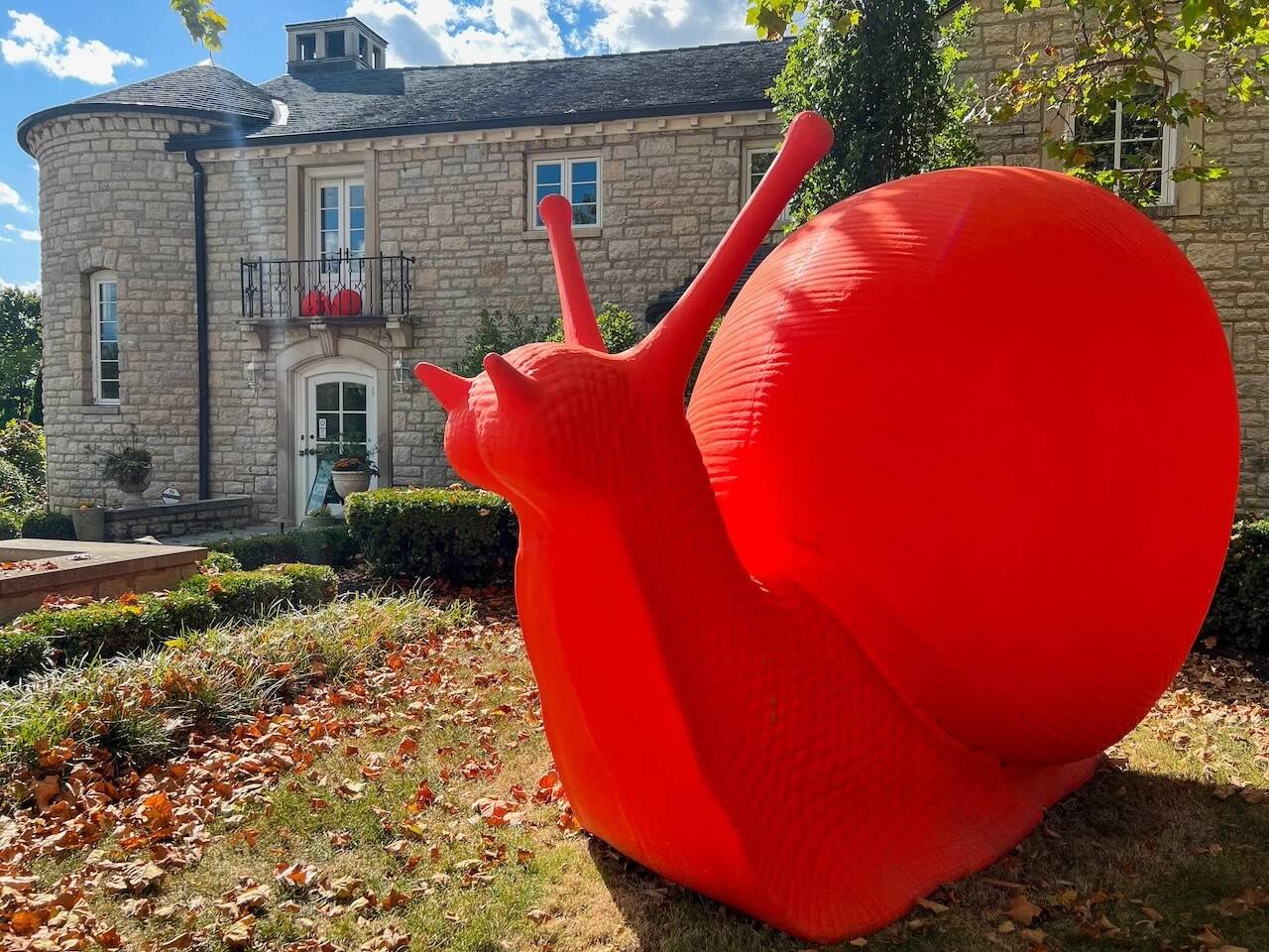 Public art abounds in Dublin, Ohio, like this like orange snail