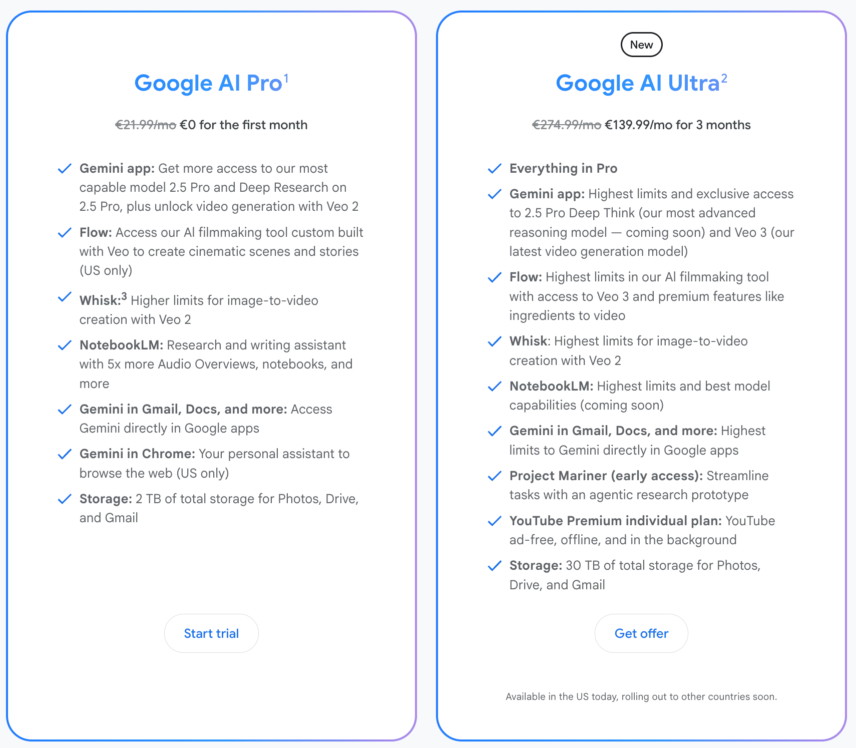 Google AI subscriptions