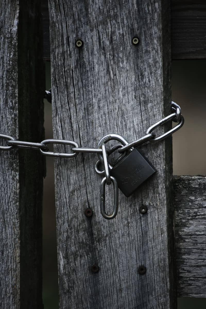 A locked chain secures a rustic wooden gate.