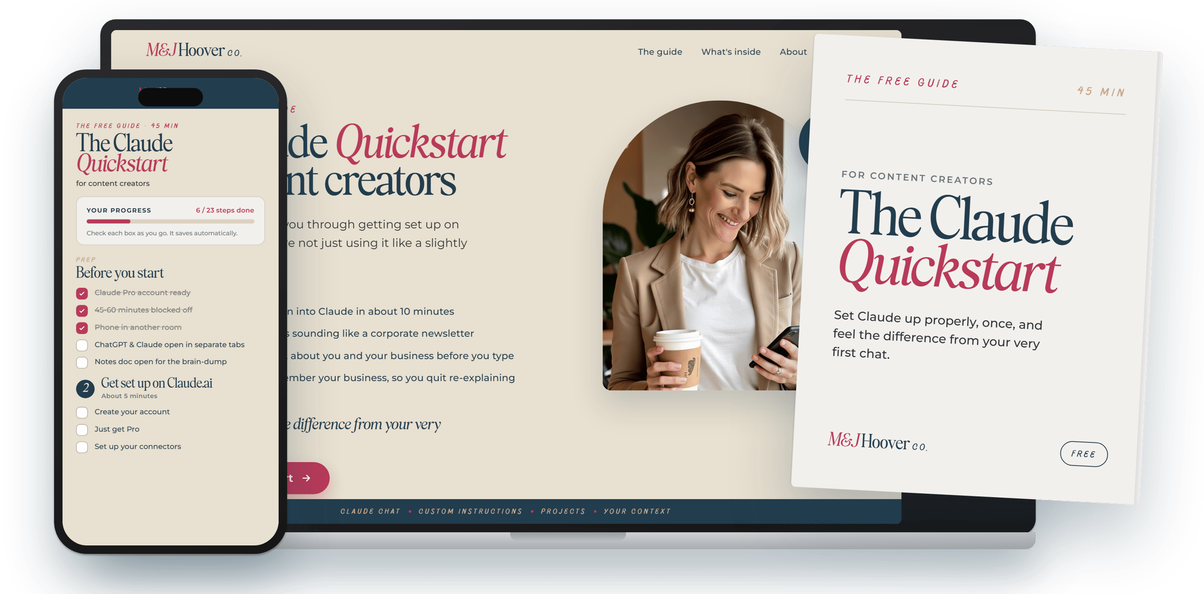 The Claude Quickstart guide shown on a phone, laptop and printed page