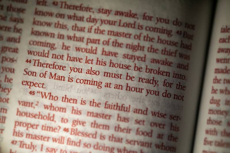 Close-up of an open book with red text.