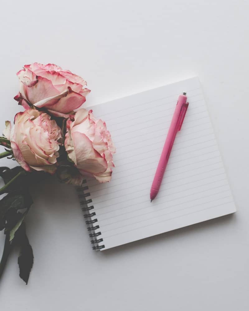 Pink roses and pen on a notebook