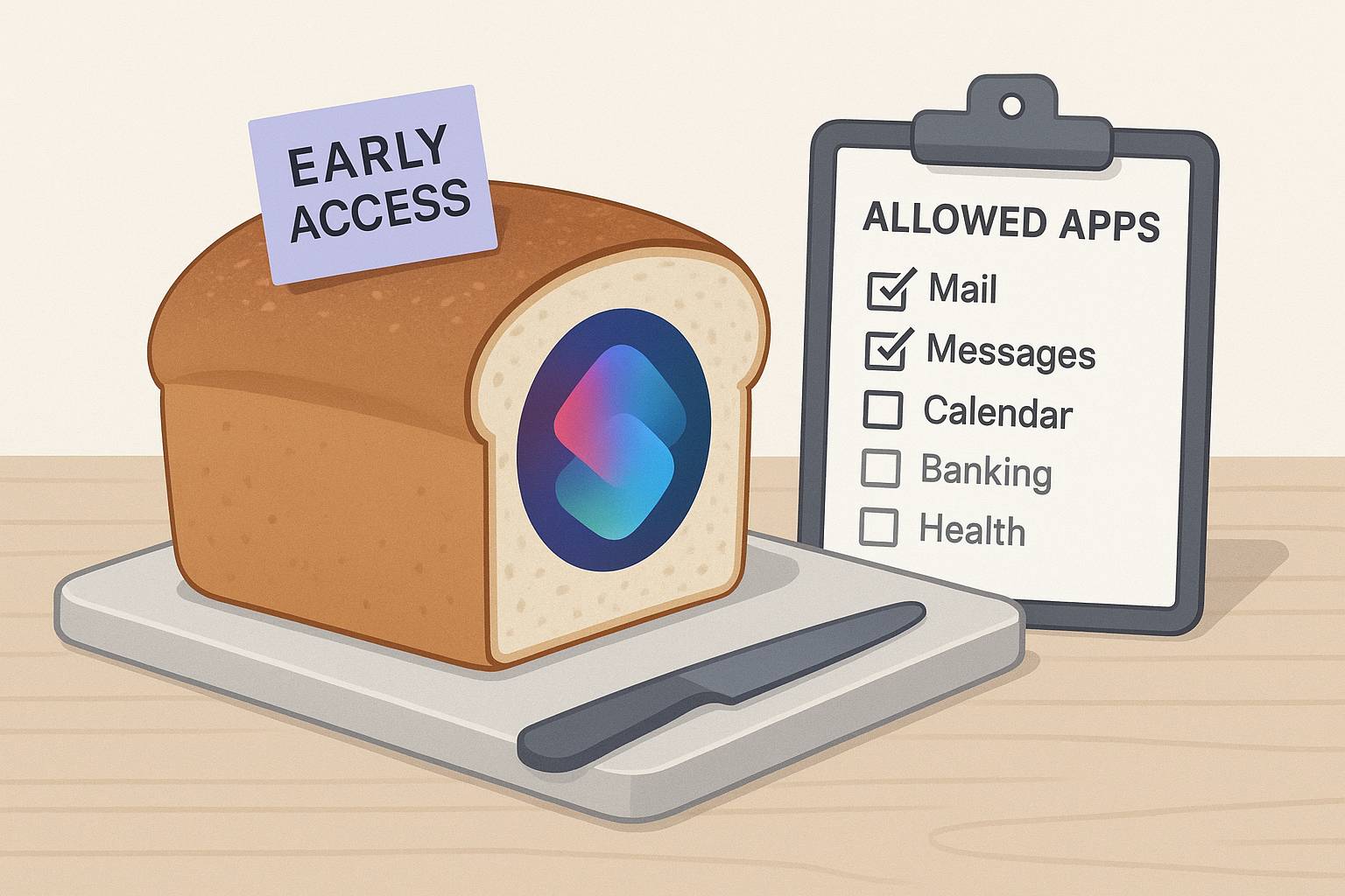 A half loaf of bread with the Siri icon on its crust, labeled "Early Access," sitting on a cutting board beside a clipboard listing allowed apps, with Mail and Messages checked and Calendar, Banking, and Health unchecked.