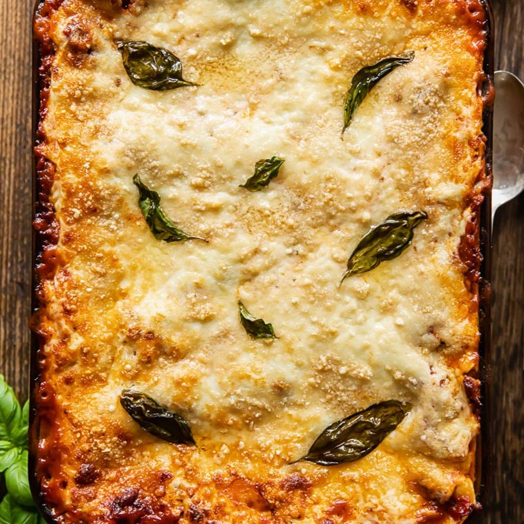 a pan of cooked but uncut lasgane