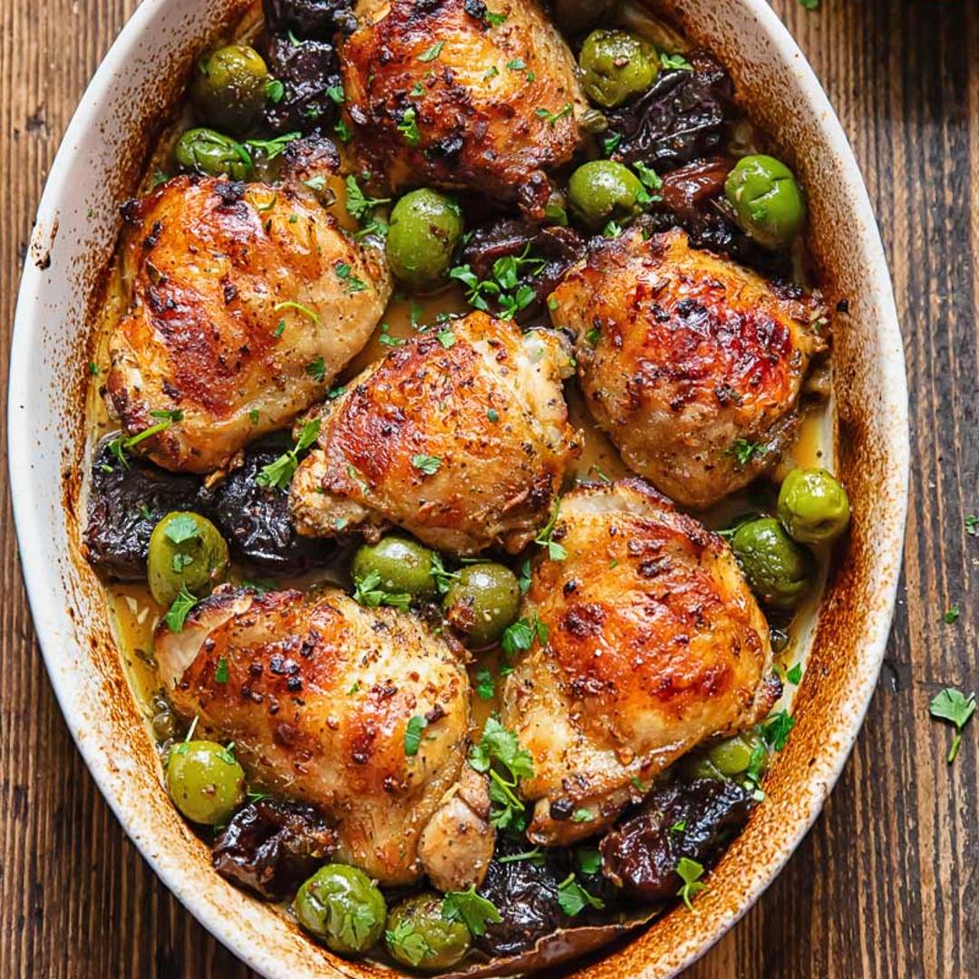 Oval casserole dish with chicken thighs, prunes and green olives on a wooden background.