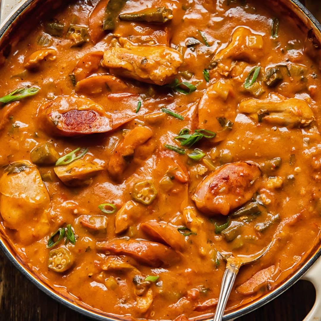 close up of a stew with sausage