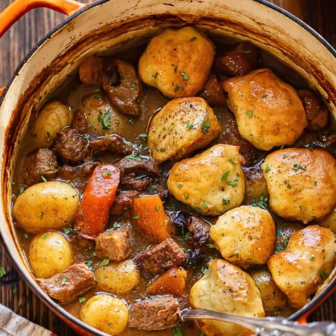 pot with stew with dumplings on top