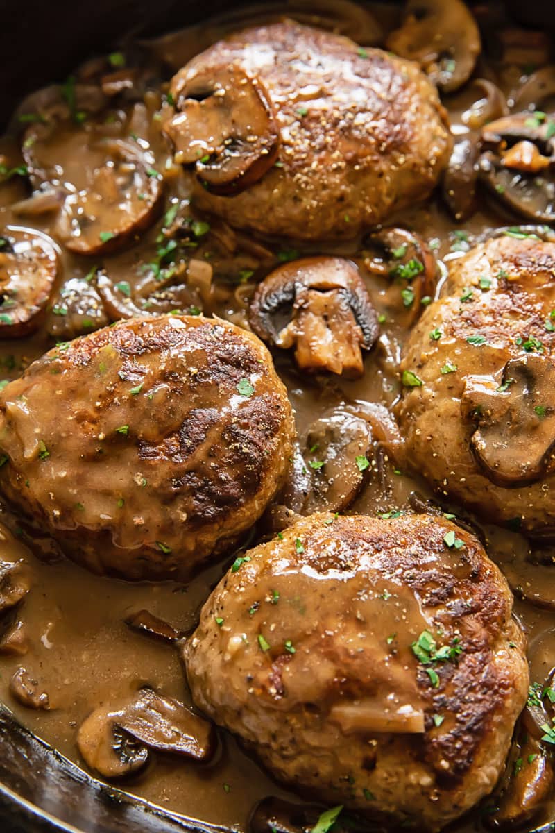 beef patties in a mushroom sauce