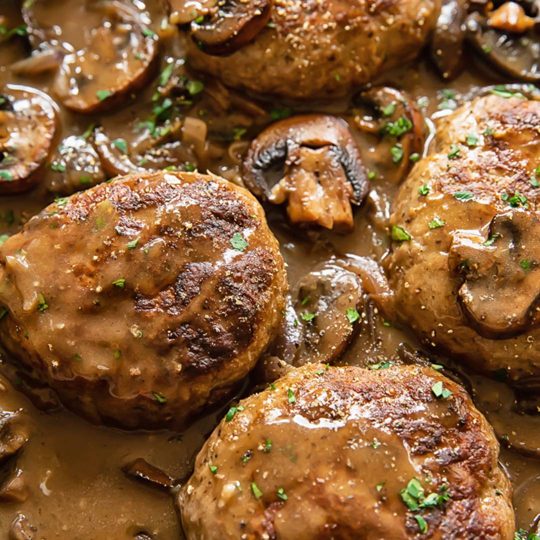 beef patties in a mushroom sauce