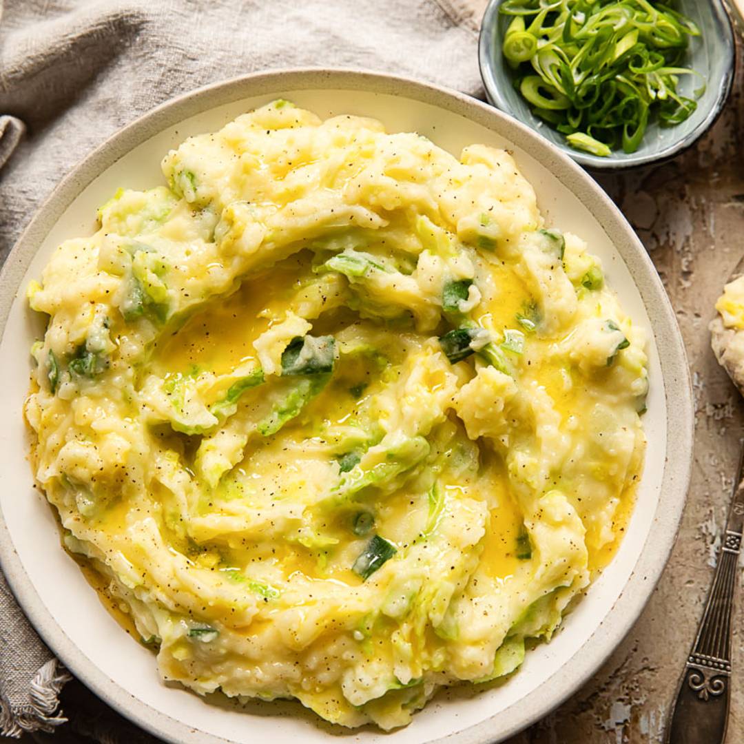 bowl of mashed potatoes with cabbage
