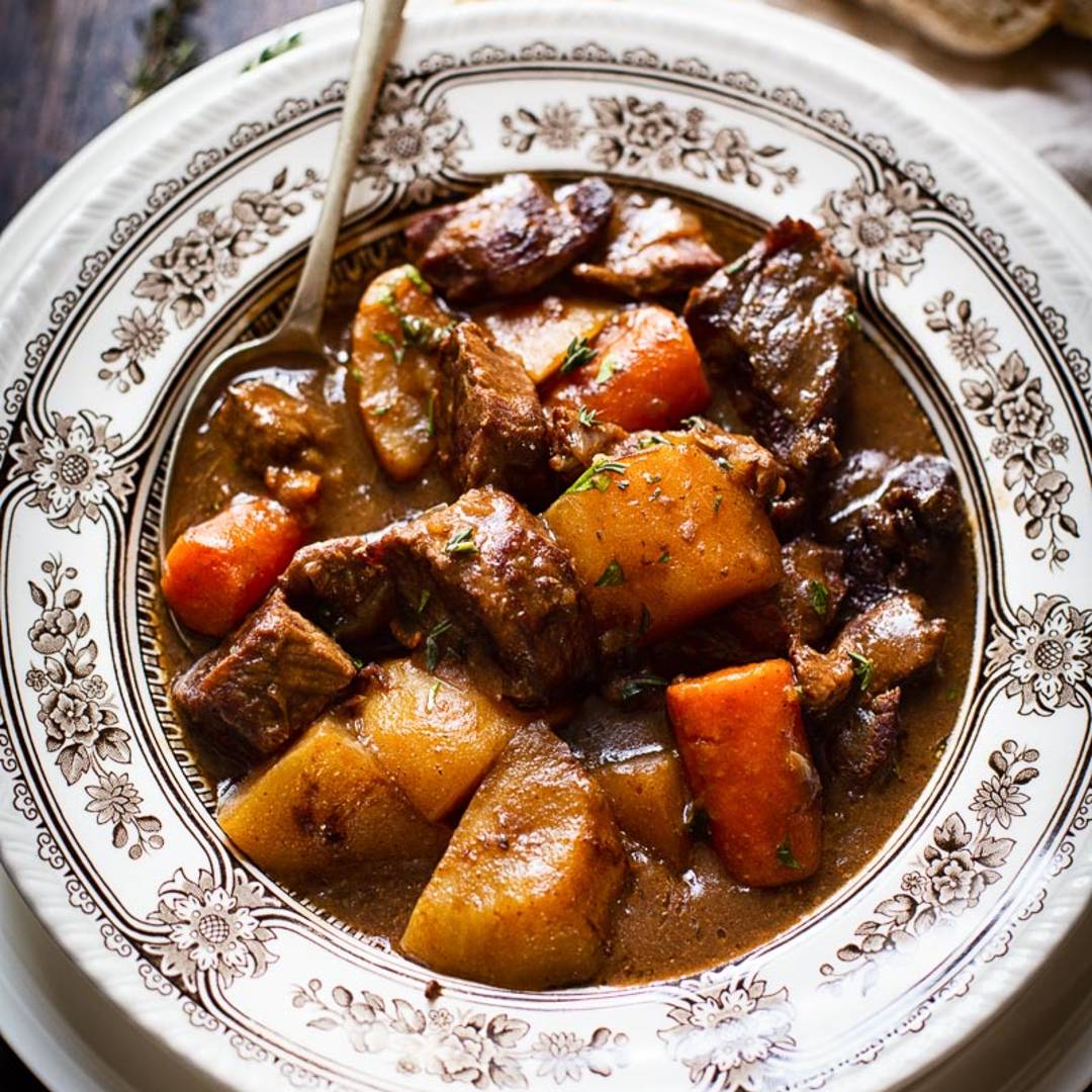 bowl of beef stew from the top down